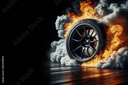 Close up Burnout tire flames and smoke, drifting wheels Isolated on black background