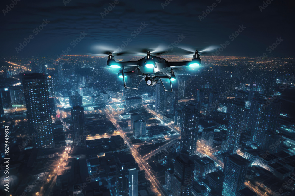 generated illustration of  drone with a small package hovers against a sleek smart city skyline