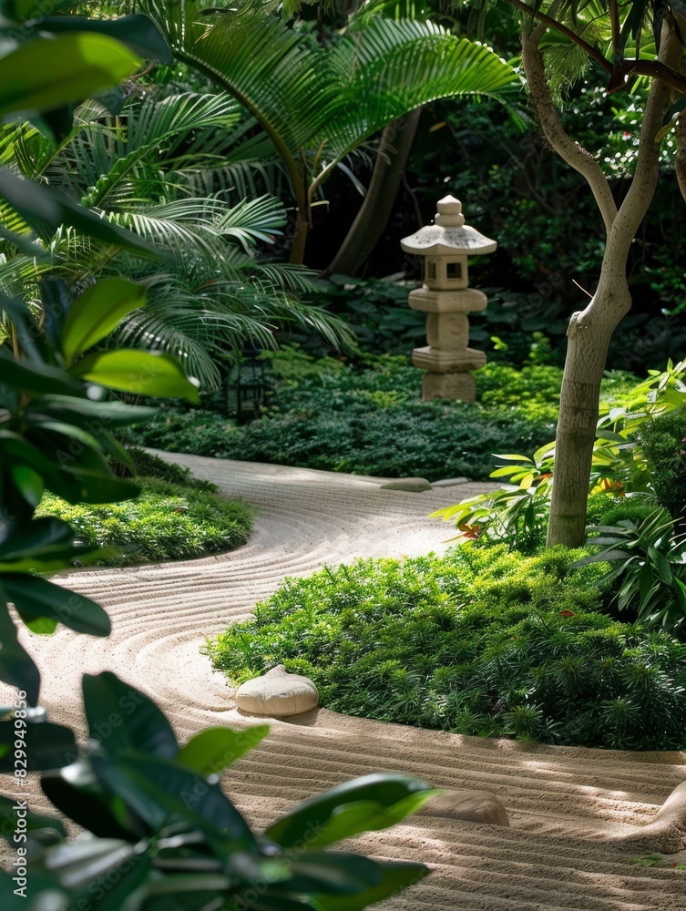 A tranquil zen garden with carefully raked sand, stone lanterns, and lush greenery, perfect for themes of peace and meditation A tranquil zen garden with carefully raked sand, stone lanterns, and lush greenery, perfect for themes of peace and meditation