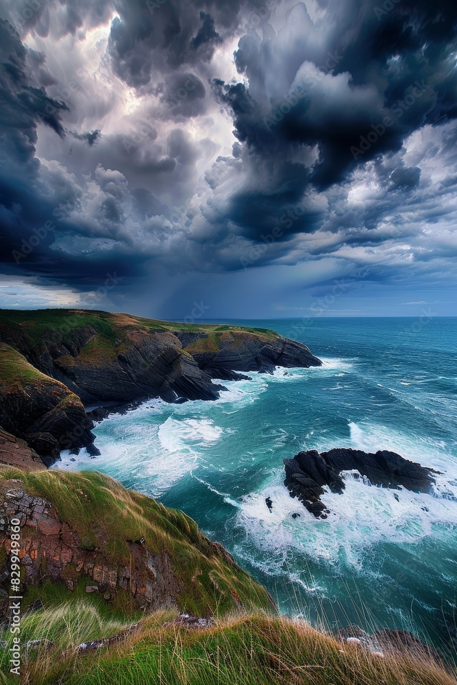 Fototapeta premium A dramatic stormy sky over a rugged coastline, capturing the power and beauty of nature's elements in action