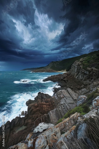 A dramatic stormy sky over a rugged coastline, capturing the power and beauty of nature's elements in action