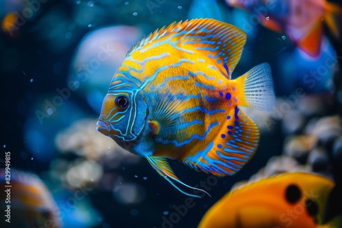 Enchanting aquatic splendor. Discus fish (symphysodon aequifasciatus) exhibiting stunning color patterns in aquarium photo