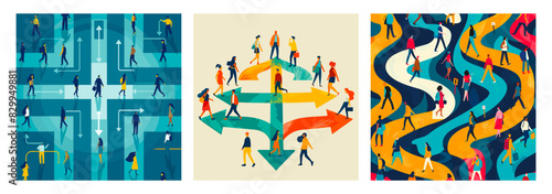 Life path choosing cartoon vector concepts. Walking people direction route group crowd, arrows following crossed paths road signs oneself searching characters color illustration