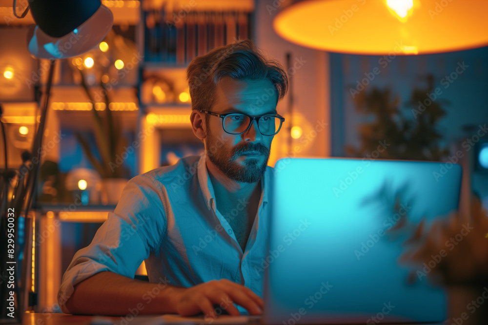 A man working seriously on computer laptop late at night A man working seriously on computer laptop late at night
