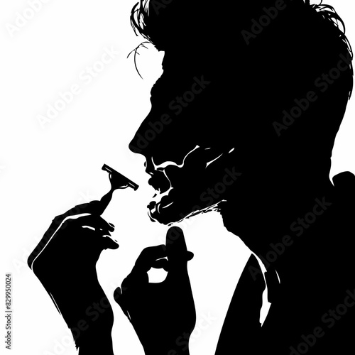 Reflections in Shadows: A Minimalist Silhouette of a Man Shaving, Capturing Dramatic Contrast and Artistic Side Profile