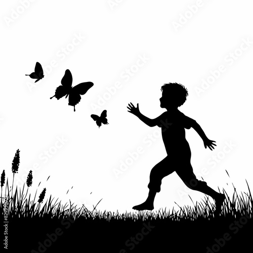 Whimsical Pursuit: A High Contrast Silhouette of a Child Running and Chasing Butterflies in a Carefree Grassy Field