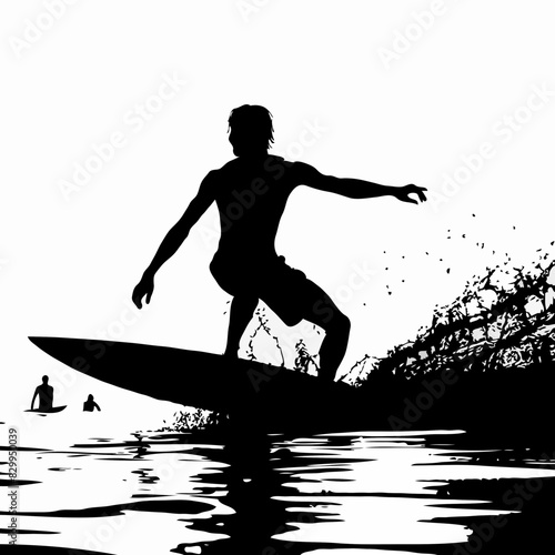 Ocean's Thrill: A High Contrast Silhouette of a Surfer in a Dynamic Pose, Riding the Wave with Water Splashes in Minimalist Black and White