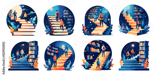 Literary journey cartoon vector concepts. Mens books stairs ladder library rise shelves portal planets space glow outer worlds fantasy stories characters, illustration isolated on white background
