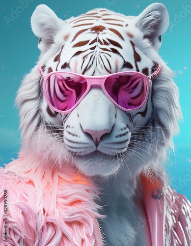 Anthropomorphic tiger- anthropomorphic white tiger in white and pink gradient fashion-Porter