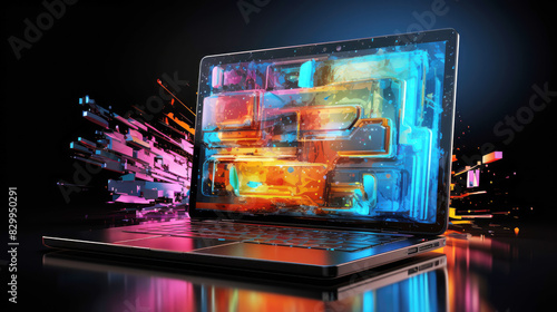 generated illustration futuristic laptop technology in neon multi colors