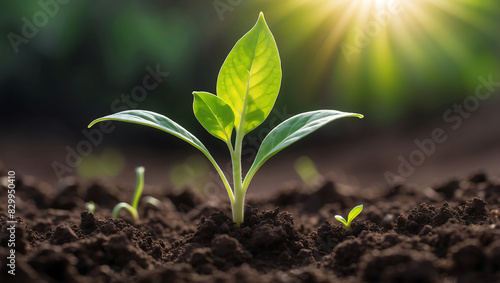 World environment day, A vibrant green seedling with multiple leaves growing in rich, dark soil, illuminated by warm sunlight in a blurred background
