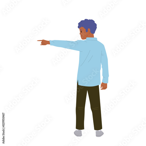 Back view of preteen boy child cartoon character pointing finger aside isolated on white background