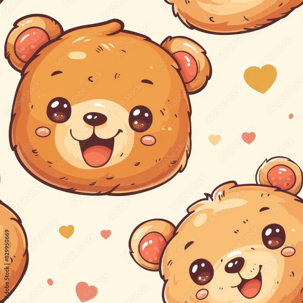 Seamless pattern with cute cartoon bear faces and hearts on a white background. Seamless pattern with cute cartoon bear faces and hearts on a white background.