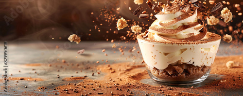 Tiramisu Dessert with Cocoa and Flying Ingredients
