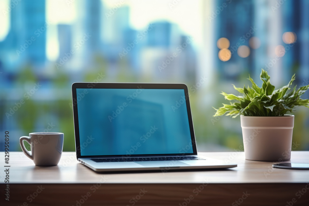 Fototapeta premium generated illustration laptop with a white blank screen, a cup of coffee and potted plant