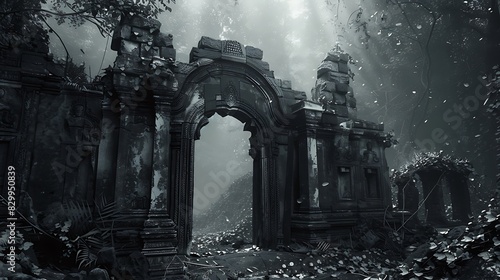 A black and white photorealistic image of a lone, crumbling archway standing amidst the ruins of an ancient temple photo
