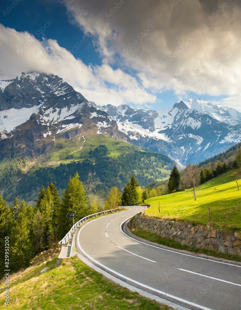 Fototapeta premium transport road in the Alps against the backdrop of snow-capped mountains and forest