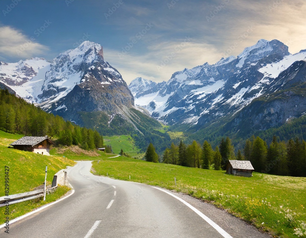 transport road in the Alps against the backdrop of snow-capped mountains and forest