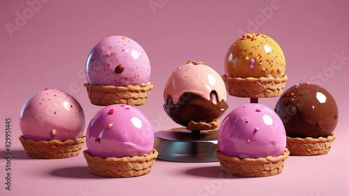 Candy planets set isolated on a background depicted in a vector cartoon illustration. Features sweet ice cream balls  biscuit cake decorated with chocolate  pink  and caramel. Generative AI.