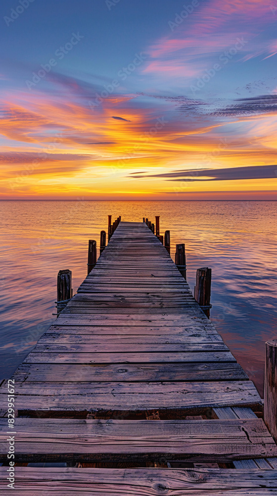 Fototapeta premium A wooden pier stretching out into the water at sunset