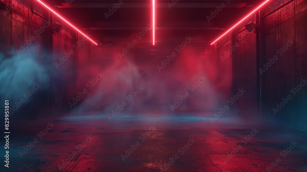 Abstract industrial room with neon red and blue lights creating a mysterious atmosphere with fog. Ideal for futuristic and sci-fi backgrounds.