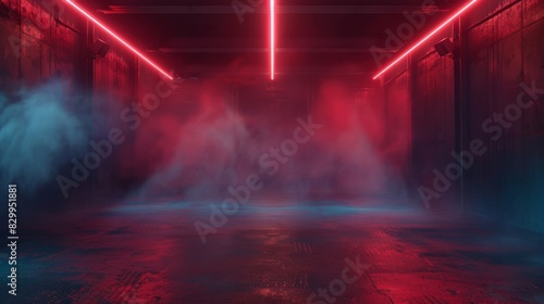 Abstract industrial room with neon red and blue lights creating a mysterious atmosphere with fog. Ideal for futuristic and sci-fi backgrounds.