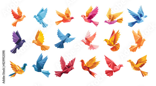 Paper doves cartoon vector set. Birds flying soaring colored origami handicraft peace symbols, color illustration isolated on white background