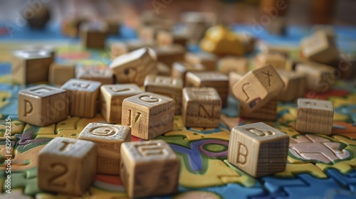 A set of wooden alphabet blocks scattered on a play mat
