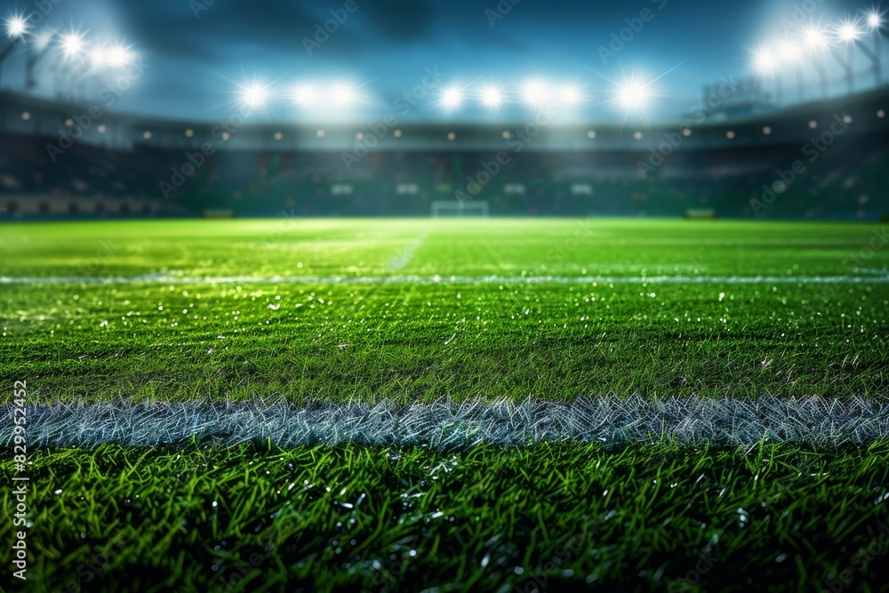 Illuminated soccer stadium at night with lush green grass field. Perfect for sports-related designs and athletic event promotions.