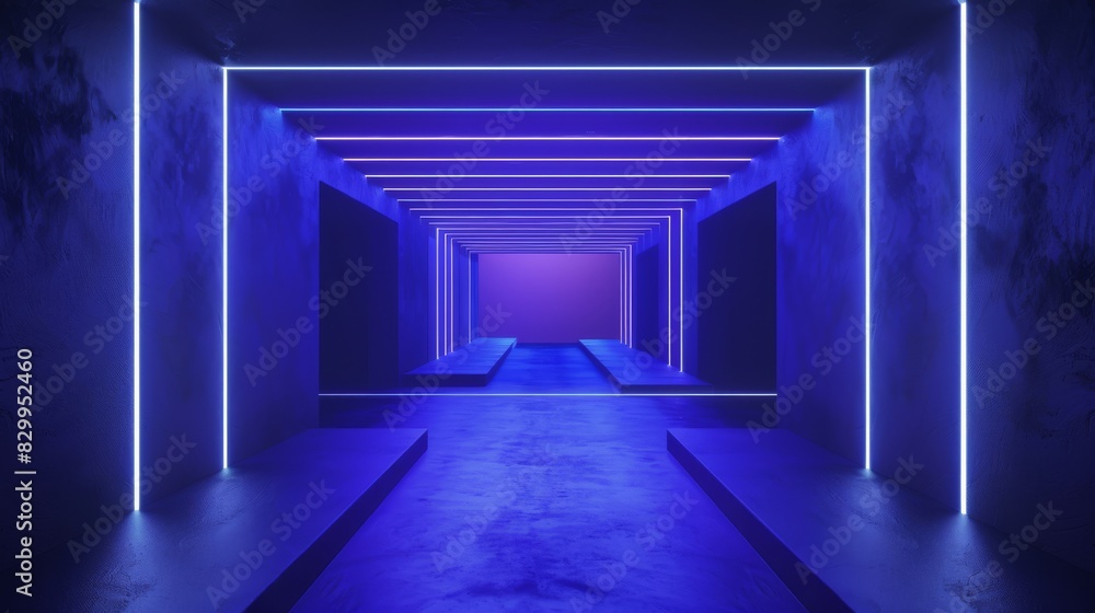 Futuristic blue and purple neon-lit corridor with geometric design and glowing lights, creating a sci-fi ambience. Futuristic blue and purple neon-lit corridor with geometric design and glowing lights, creating a sci-fi ambience.