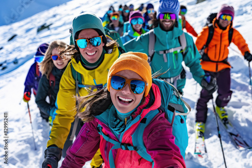 A group of happy and excited young Indian people in colorful snow gear In climb up the snowy mountain