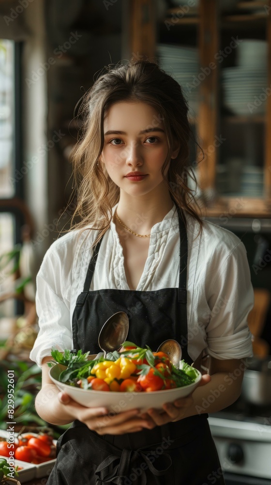 Young Woman Cooking Appetizing Salad in Kitchen
