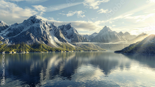 Mountain range with lake suitable for travel brochures and landscape photography