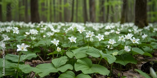Forest floor covered in white trilliums creates a serene scene. Concept Nature, Wildflowers, Forest, Serenity, Landscape photo