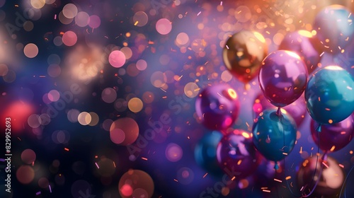 Vibrant party balloons with colorful bokeh lights in the background, creating a festive atmosphere photo