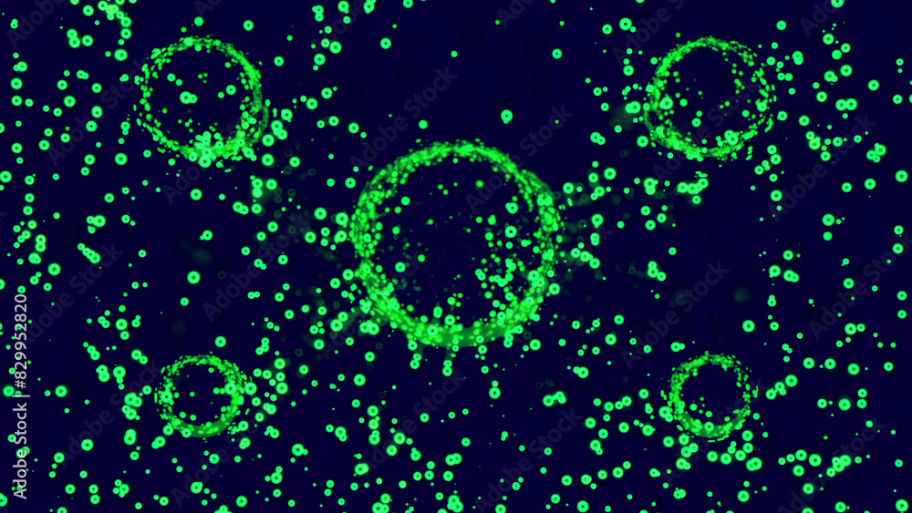 Circles background animation. Design. Green tiny particles and rings.