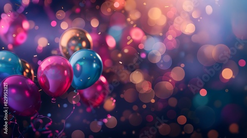 Vibrant party balloons with colorful bokeh lights in the background, creating a festive atmosphere photo