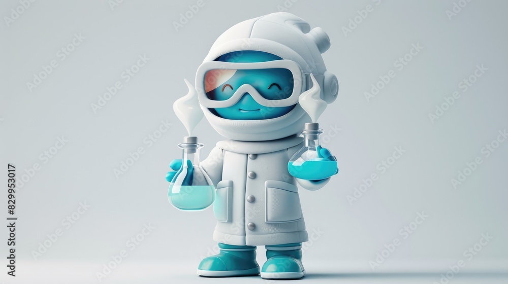 3D cute cartoon character dressed as a scientist in a white snowsuit style and goggles, holding two beakers with blue liquid smiling happily. isolated on a plain white background. 3D cute cartoon character dressed as a scientist in a white snowsuit style and goggles, holding two beakers with blue liquid smiling happily. isolated on a plain white background.