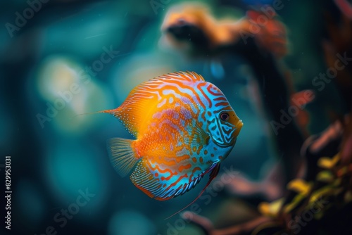 Stunning discus fish (symphysodon aequifasciatus) in aquarium with beautiful color patterns