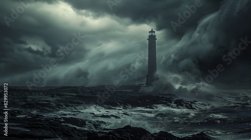 Dramatic Stormy Seascape with Lighthouse and Dark Clouds