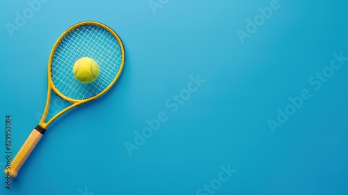 Tennis racket resting next to ball on vibrant blue background, perfect for sports and recreation themes in stock photography.