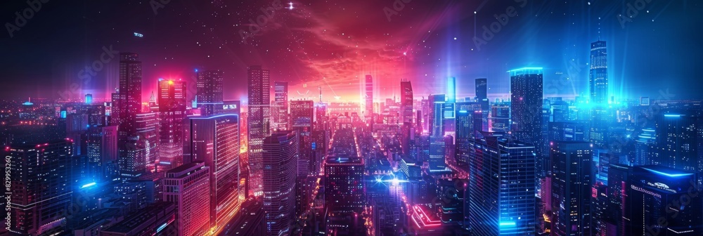 Obraz premium Futuristic Cityscape Illuminated with Neon Lights, Hi-Tech Urban Landscape, futuristic technology concept, graphic banner design