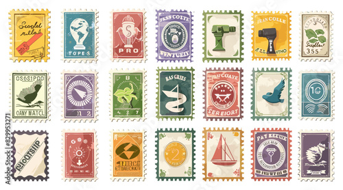 Postage stamps cartoon vector set. Letters mailing labels document international message paper communication, icons isolated on white background