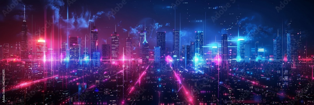 Futuristic Cityscape Illuminated with Neon Lights, Hi-Tech Urban Landscape, futuristic technology concept, graphic banner design Futuristic Cityscape Illuminated with Neon Lights, Hi-Tech Urban Landscape, futuristic technology concept, graphic banner design