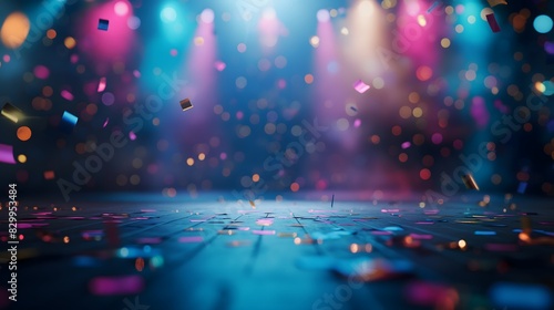 Colorful confetti on a wooden stage with spotlights and bokeh lights, creating a festive atmosphere