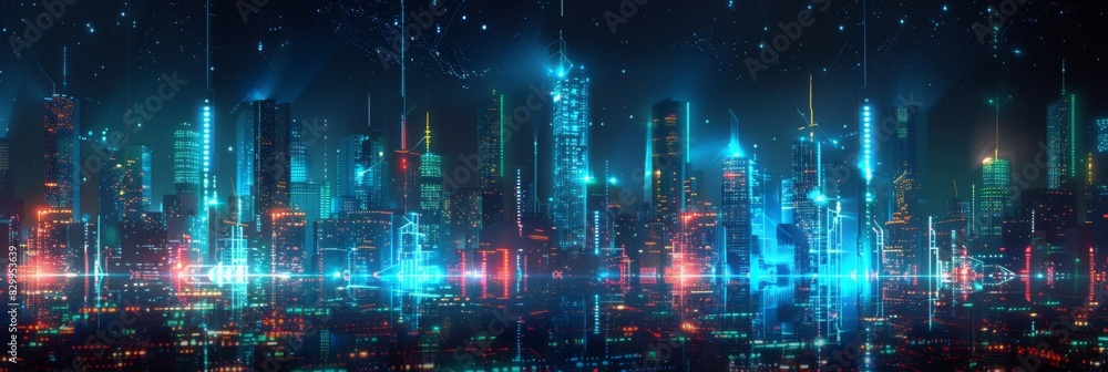 Futuristic Cityscape Illuminated with Neon Lights, Hi-Tech Urban Landscape, futuristic technology concept, graphic banner design Futuristic Cityscape Illuminated with Neon Lights, Hi-Tech Urban Landscape, futuristic technology concept, graphic banner design