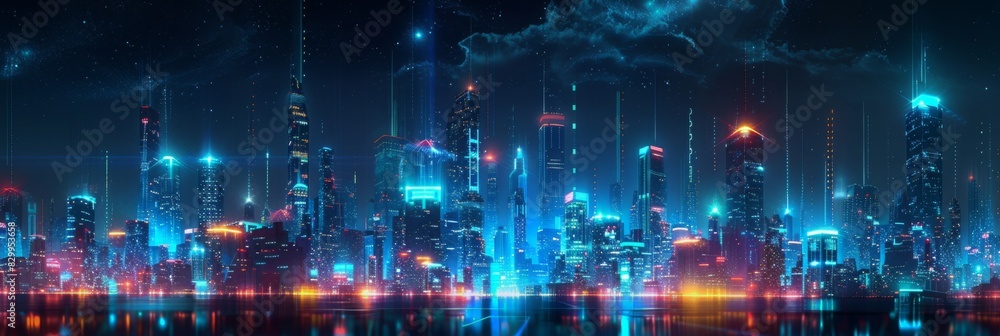 Futuristic Cityscape Illuminated with Neon Lights, Hi-Tech Urban Landscape, futuristic technology concept, graphic banner design Futuristic Cityscape Illuminated with Neon Lights, Hi-Tech Urban Landscape, futuristic technology concept, graphic banner design