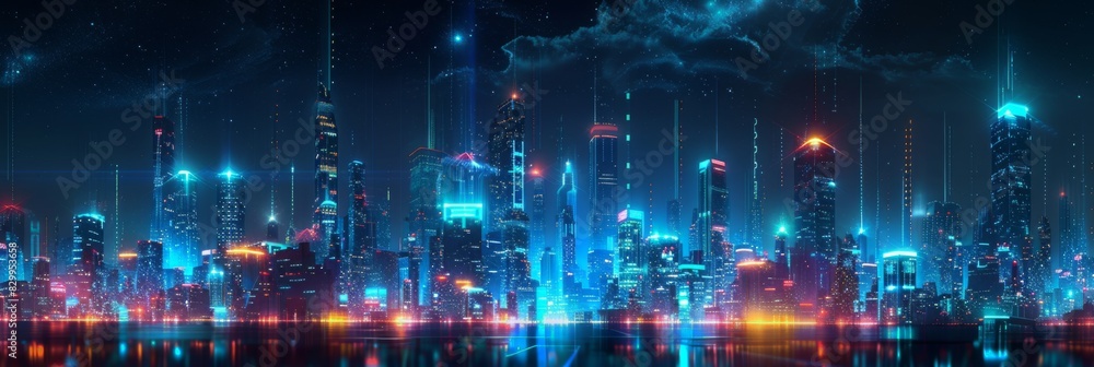 Futuristic Cityscape Illuminated with Neon Lights, Hi-Tech Urban Landscape, futuristic technology concept, graphic banner design