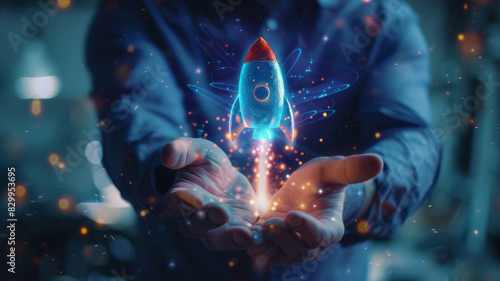 A man holding hands with a rocket and space icon on a hologram background, representing the growth of a startup business concept. Strategic planning and business success.