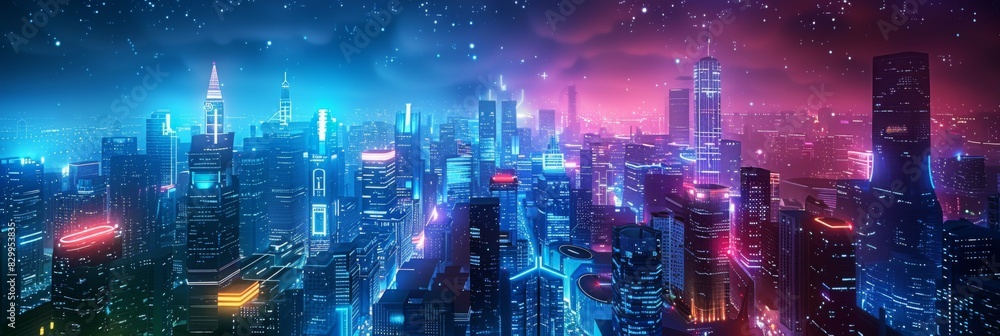 Futuristic Cityscape Illuminated with Neon Lights, Hi-Tech Urban Landscape, futuristic technology concept, graphic banner design